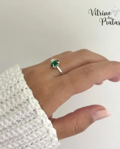 Anel Regulável com Zircônia Oval Verde Esmeralda