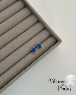 Brinco Zircônia Oval Azul Safira