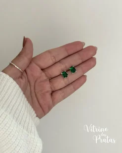 Brinco Zircônia Retangular Verde Esmeralda